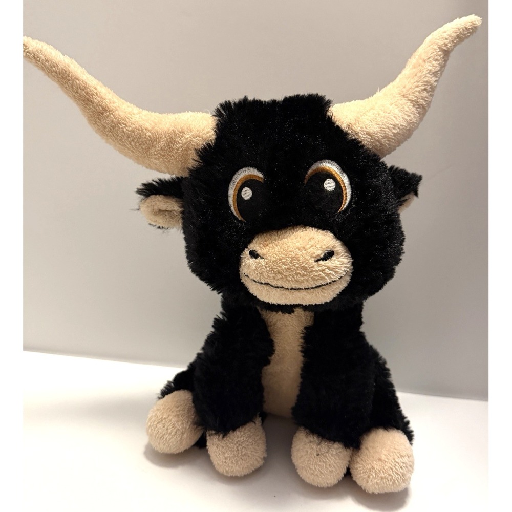 Goffa Bull Plush Black Tan Stuffed Animal Long Horn Cow Plush Toy